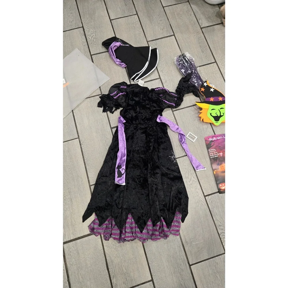 Girls Witch Costume Halloween‎ Outfit Dress Hat Broom Mask Small (120-130cm)